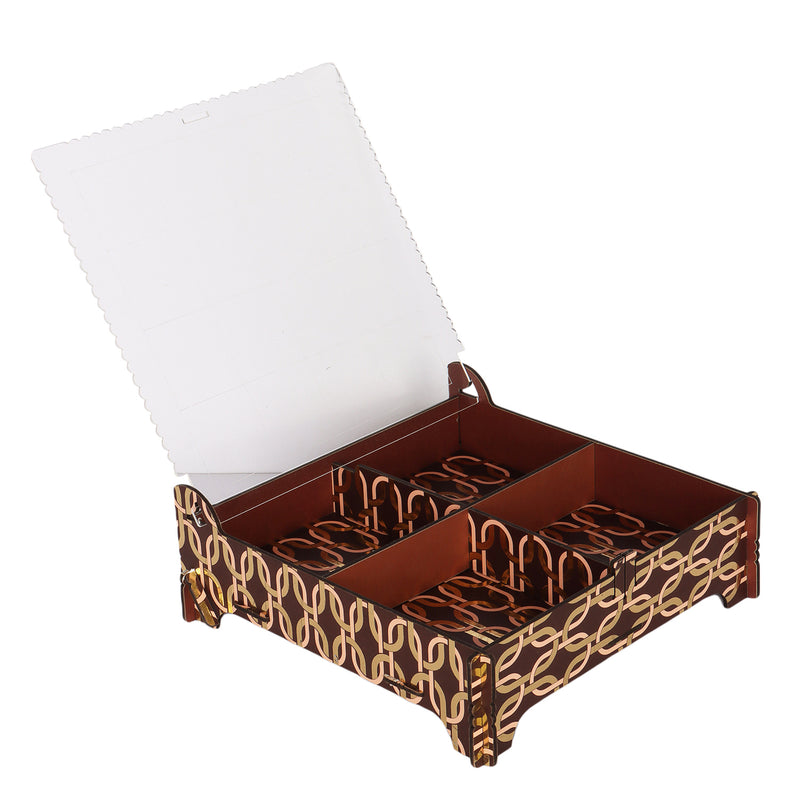 Stylish Laser Cut Acrylic Top Four Partition Hamper Tray From Nice Packaging. Dimensions: 8x8x1.75 Inches, Material: MDF, Color: Brown, Capacity: Up to 1 kg.