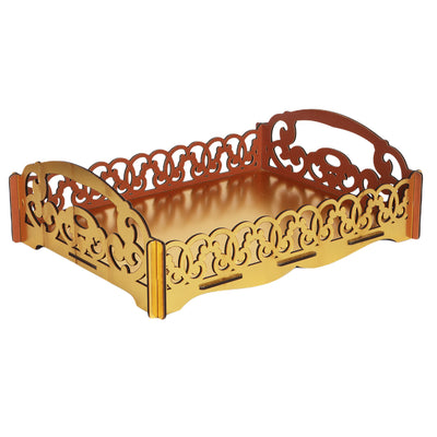 MDF laser cut hamper tray  From Nice Packaging. Dimensions: 13.5x10x3 Inches, Material: MDF, Color: Golden, Capacity: Up to 1 kg.