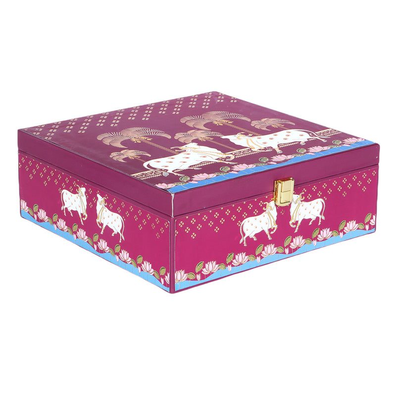 Pichwai Art MDF box With 4 printed salsa jars - Size: 9.5*9.5*3.5 Inches, Color: Maroon, Material: MDF from Nice Packaging.