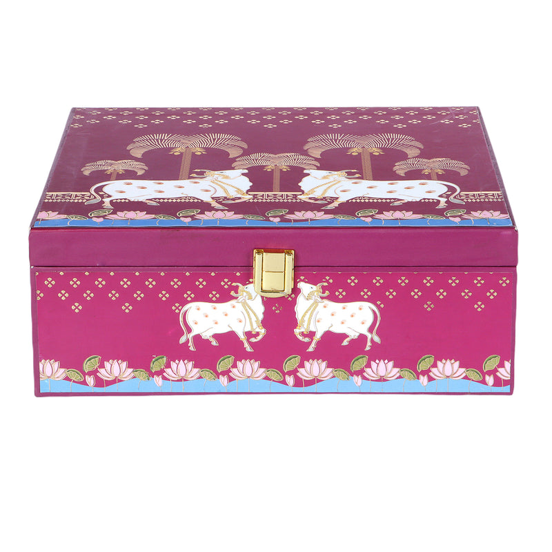 Pichwai Art MDF box With 4 printed salsa jars - Size: 9.5*9.5*3.5 Inches, Color: Maroon, Material: MDF from Nice Packaging.