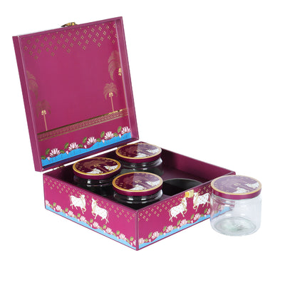 Pichwai Art MDF box With 4 printed salsa jars - Size: 9.5*9.5*3.5 Inches, Color: Maroon, Material: MDF from Nice Packaging.