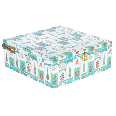 Floral & Bird Print MDF Box with 4 Salsa Jars - Size: 9.5*9.5*3.5 Inches, Color: Teal Sea & White, 
Material: MDF from Nice Packaging.