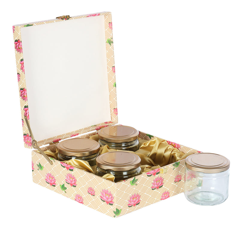 Floral  MDF Box with 4 Salsa Jars - Size: 9.5*9.5*3.5 Inches, Color: Bisque, Material: MDF from Nice Packaging.