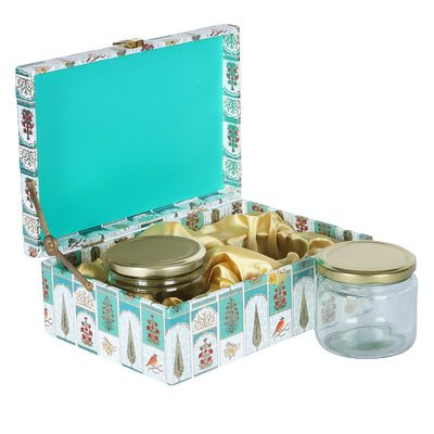 Floral MDF Hamper Box with 2 salsa jars - Color: Teal Sea, Size: 9*6*3.5 Inches, Material: MDF from Nice Packaging.

