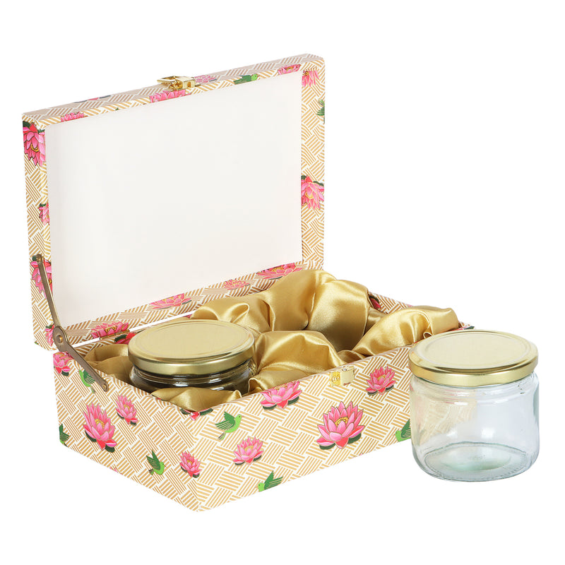 Floral MDF Hamper Box with 2 salsa jars - Color: Beige, Size: 9*6*3.5 Inches, Material: MDF from Nice Packaging.

