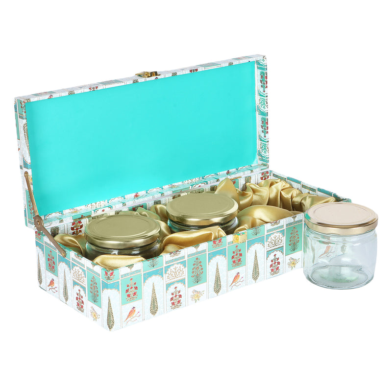 Floral Hamper Box with 3 salsa jar - Color: Teal, Size: 14*6*3.5 Inches, Material: MDF from Nice Packaging.