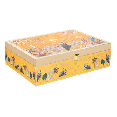 Pichwai Art Hamper box with 4 printed salsa jars & 8 Cavity - Color: Bright Marigold, Size: 14*10*4 Inches, Material: MDF from Nice Packaging.