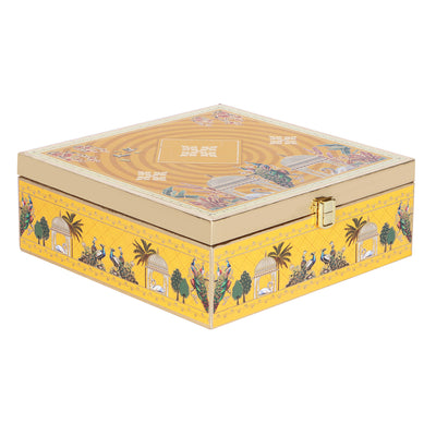 Pichwai Art MDF Hamper Box with 2 printed salsa jars & 8 cavity - Color: Bright Marigold, Size: 9.5*9.5*3.5 Inches, Material: MDF from Nice Packaging.

