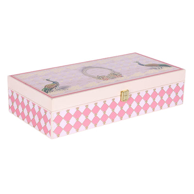 Beautiful Peacock Print MDF Box With 4 Tins -Color: Pink, Size: 14*7*3.25 Inches, Material: MDF from Nice Packaging.