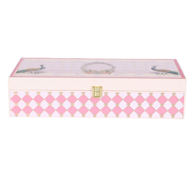 Beautiful Peacock Print MDF Box With 4 Tins -Color: Pink, Size: 14*7*3.25 Inches, Material: MDF from Nice Packaging.