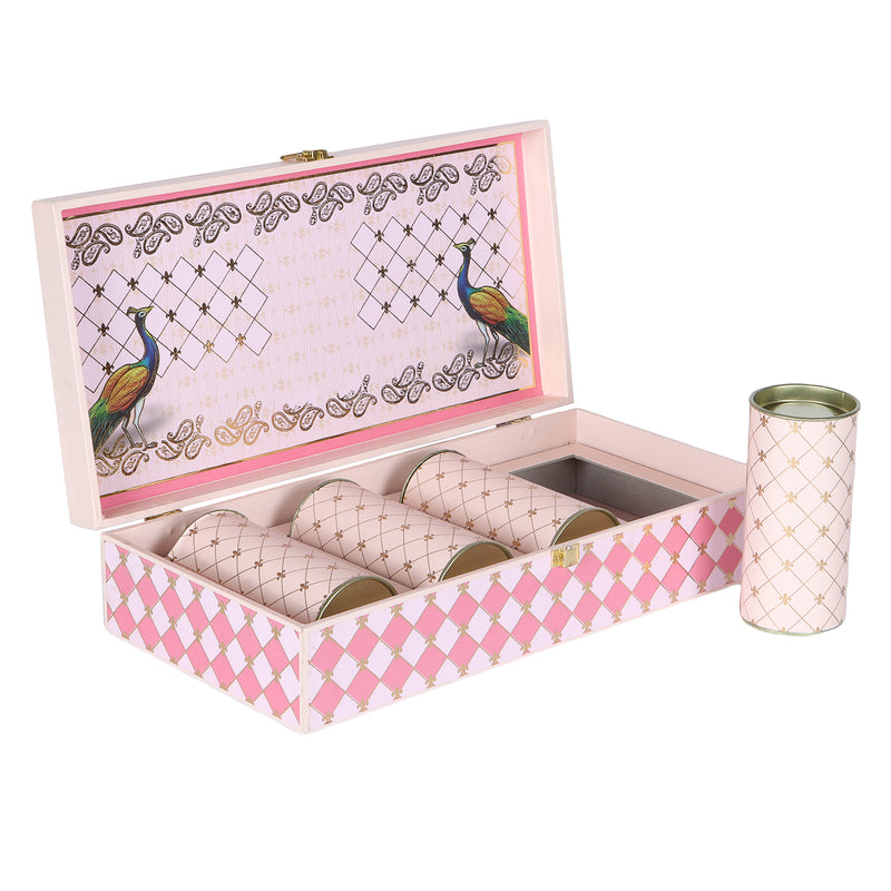 Beautiful Peacock Print MDF Box With 4 Tins -Color: Pink, Size: 14*7*3.25 Inches, Material: MDF from Nice Packaging.