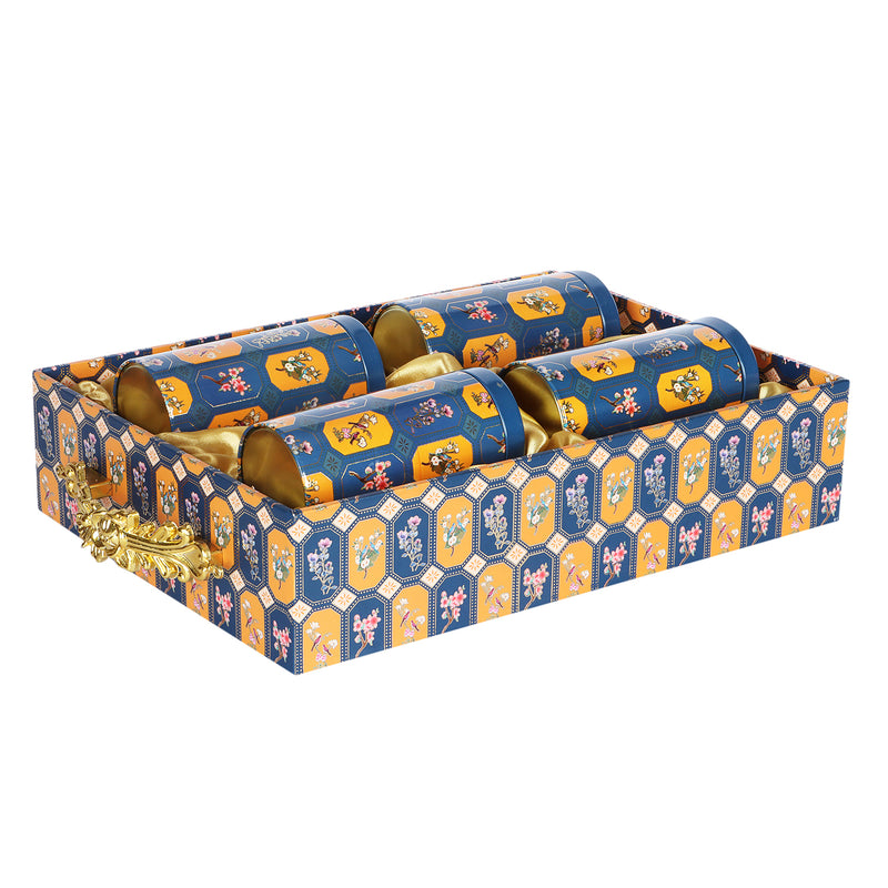 Stylish MDF Hamper with 4 printed tins Buy From Nice Packaging. Dimensions: 14*10*3.5 Inches, Material: MDF, Color: Orange/Blue