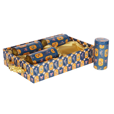 Stylish MDF Hamper with 4 printed tins Buy From Nice Packaging. Dimensions: 14*10*3.5 Inches, Material: MDF, Color: Orange/Blue