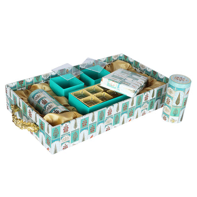 Floral MDF Hamper with Handle 2 printed tins, 8 cavity box & 2 small box - Color: Teal Sea, Size: 18*10*3.5 Inches, Material: MDF Buy from Nice Packaging