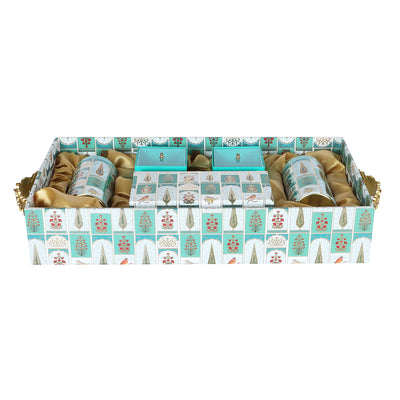 Floral MDF Hamper with Handle 2 printed tins, 8 cavity box & 2 small box - Color: Teal Sea, Size: 18*10*3.5 Inches, Material: MDF Buy from Nice Packaging