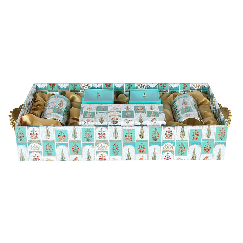 Floral MDF Hamper with Handle 2 printed tins, 8 cavity box & 2 small box - Color: Teal Sea, Size: 18*10*3.5 Inches, Material: MDF Buy from Nice Packaging