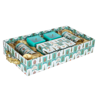 Floral MDF Hamper with Handle 2 printed tins, 8 cavity box & 2 small box - Color: Teal Sea, Size: 18*10*3.5 Inches, Material: MDF Buy from Nice Packaging