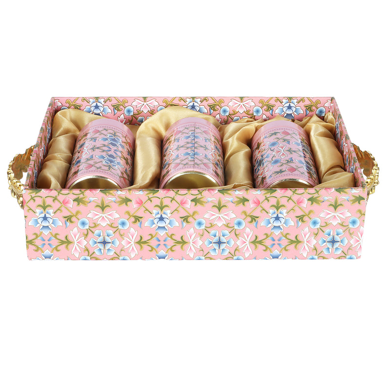 Beautiful MDF Hamper with 3 printed tins - Color: Multi color, Size: 14*10*3.5 Inches, 
Material: MDF Buy from Nice Packaging