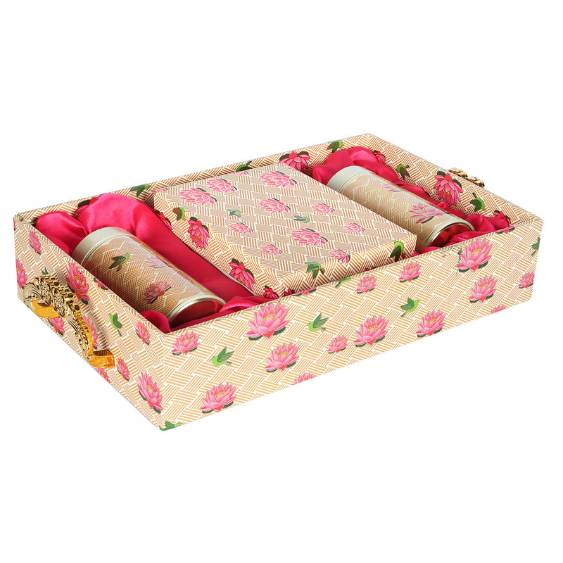 Floral MDF Hamper with 2 printed tins & 12 cavity Buy From Nice Packaging. Dimensions: 16*10*3.5 Inches, Material: MDF, Color: Beige/Pink