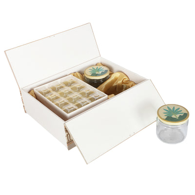 Pichwai Art MDF Box with 2 printed salsa jars & and 12 cavity - Color: Beige, Size:&nbsp; 9.5x12.5x3.5 Inches, Material: MDF from Nice Packaging.

