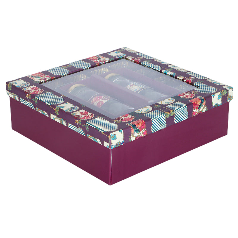 Floral  Hamper Box With 2 Cylinder jars - Color: Maroon, Size: 10*10*3 Inches, Material: Kappa board from Nice Packaging.

