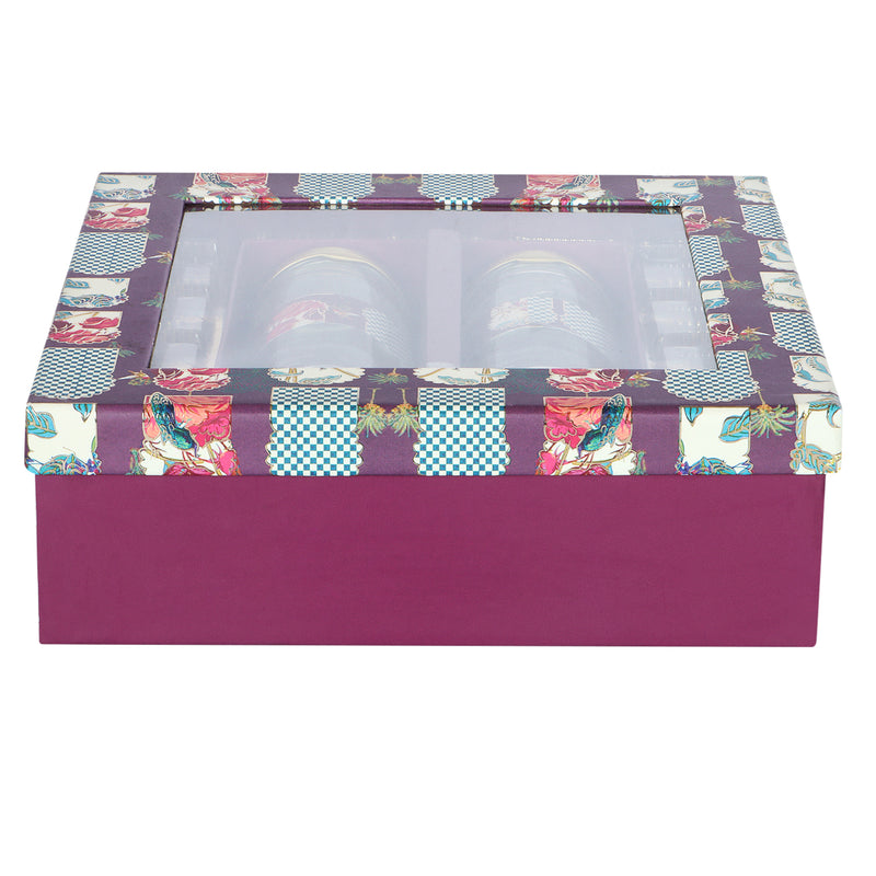 Floral  Hamper Box With 2 Cylinder jars - Color: Maroon, Size: 10*10*3 Inches, Material: Kappa board from Nice Packaging.

