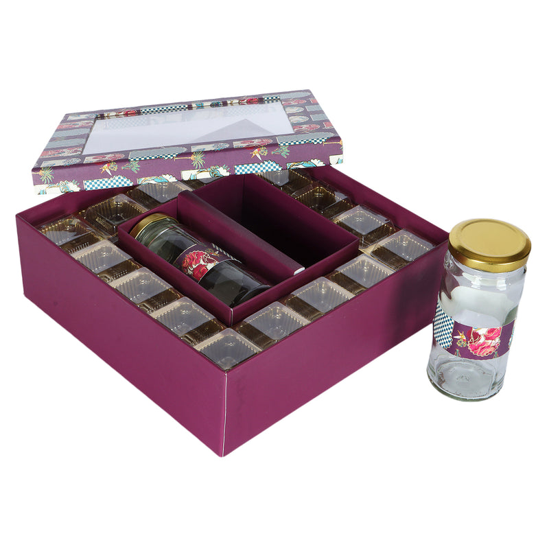 Floral  Hamper Box With 2 Cylinder jars - Color: Maroon, Size: 10*10*3 Inches, Material: Kappa board from Nice Packaging.

