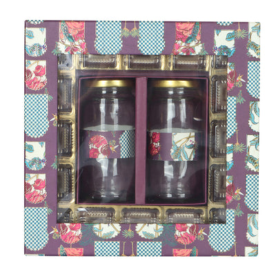 Floral  Hamper Box With 2 Cylinder jars - Color: Maroon, Size: 10*10*3 Inches, Material: Kappa board from Nice Packaging.

