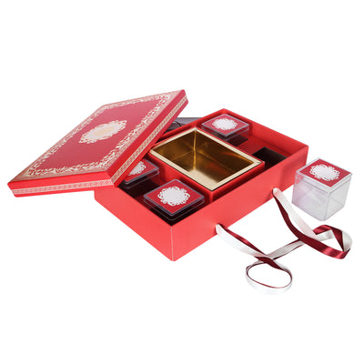 Hamper Box with 4 acrylic box and cavity - Color: Red, Size: 14.5*9.5*3.5 Inches, Material: kappa Board from Nice Packaging.

