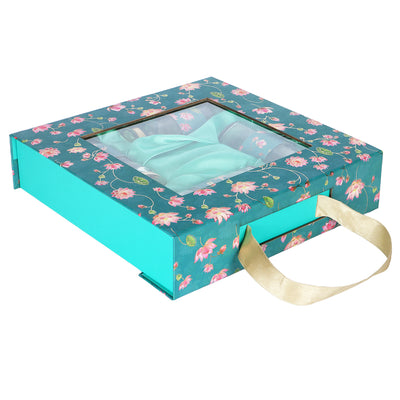 Floral Delight Hamper with 4 Cylinder jars - Color: Teal Sea, Size: 10.5*10.5*2.5 Inches, Material: Kappa Board from Nice Packaging.

