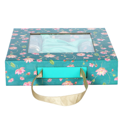 Floral Delight Hamper with 4 Cylinder jars - Color: Teal Sea, Size: 10.5*10.5*2.5 Inches, Material: Kappa Board from Nice Packaging.

