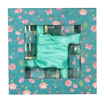 Floral Delight Hamper with 4 Cylinder jars - Color: Teal Sea, Size: 10.5*10.5*2.5 Inches, Material: Kappa Board from Nice Packaging.

