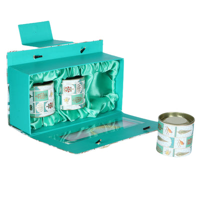 Magnetic Hamper Box with 3 tins - Color: Teal Sea, 
Size: 12.25*3.5*7.5 Inches, Material: Kappa Board from Nice Packaging.

