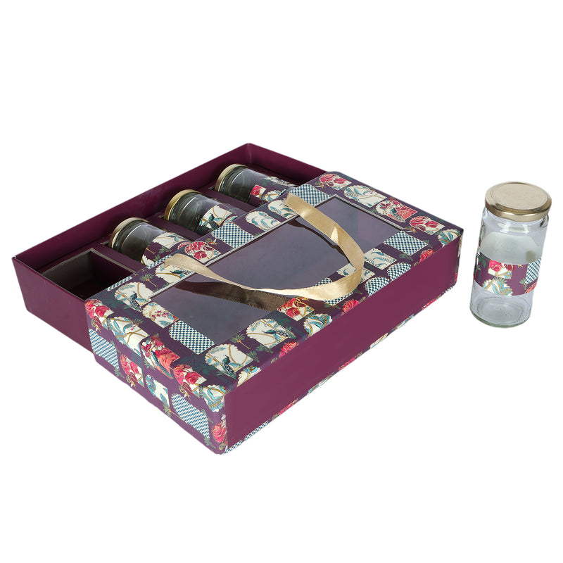 Beautiful Multipurpose  Hamper Box With 4 Cylinder jars - Color: Maroon, Size: 12.5*2.5*6.5 Inches, 
Material: Kappa board from Nice Packaging.

