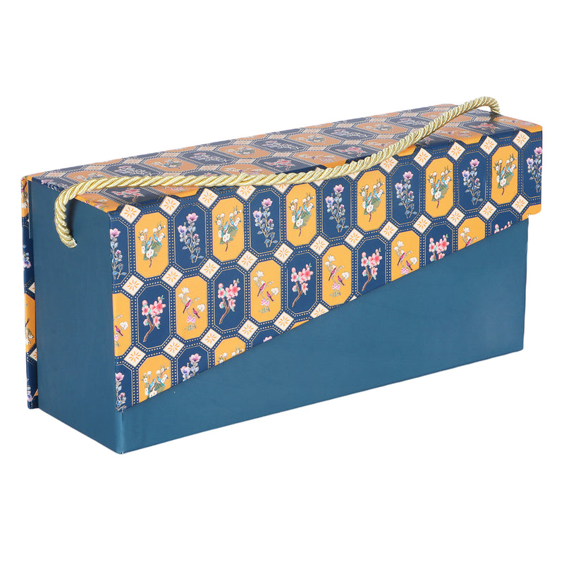 Magnetic Floral Hamper Box with 4 cylinder jars - Color: Blue & yellow, Size: 11.75*3.5*5.5 Inches, Material: MDF from Nice Packaging.

