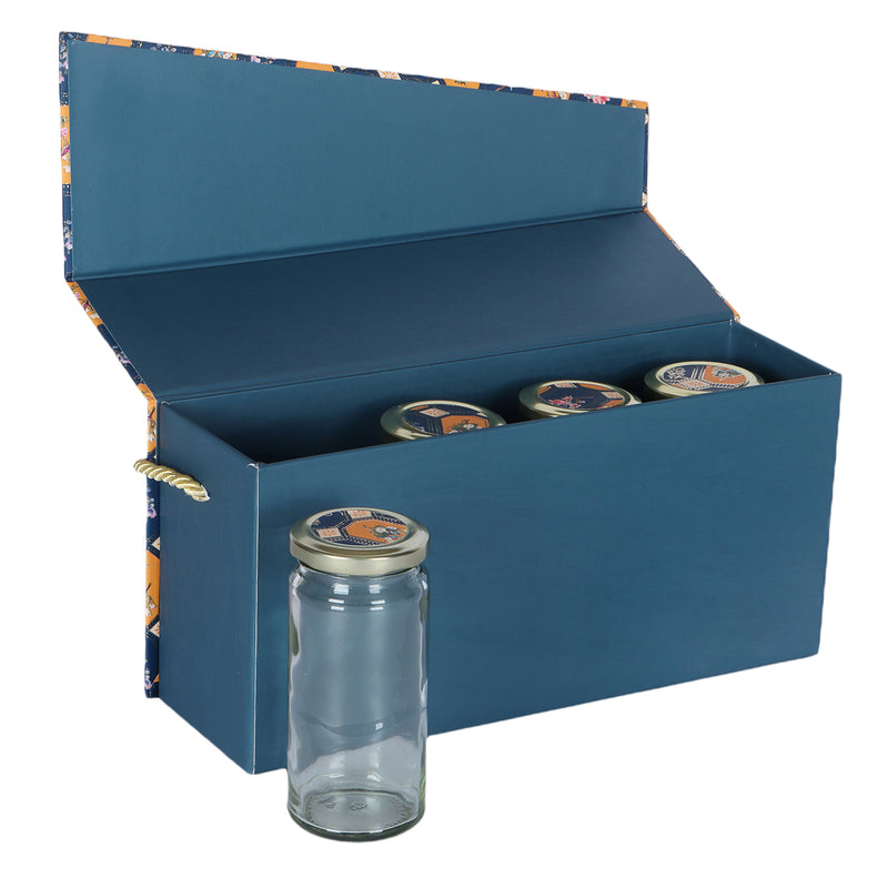 Magnetic Floral Hamper Box with 4 cylinder jars - Color: Blue & yellow, Size: 11.75*3.5*5.5 Inches, Material: MDF from Nice Packaging.

