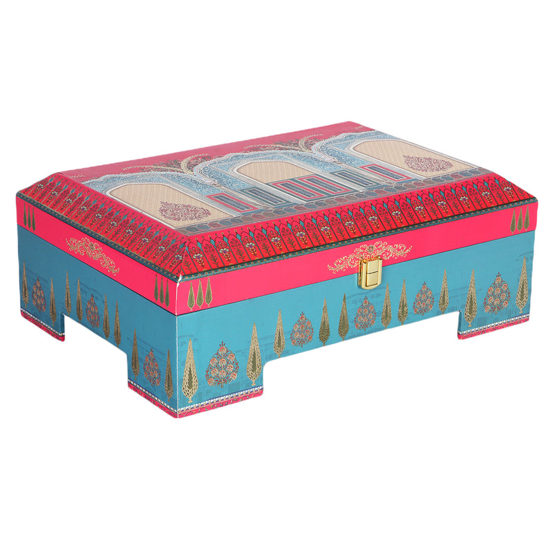 Beautiful MDF Box With 4 short salsa jars & 9 Cavity - Color: Maroon/Teal sea, Size: 13.5*9.5*5 Inches, Material: MDF from Nice Packaging.

