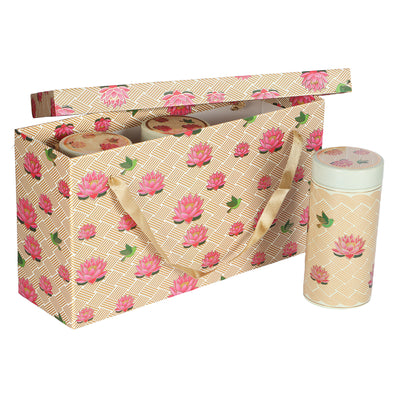 Floral Hamper Box with 3 Printed Tin Jars - Color: Abstract Cream, Size: 3*4.25*7 Inches, Material: Kappa Board from Nice Packaging.

