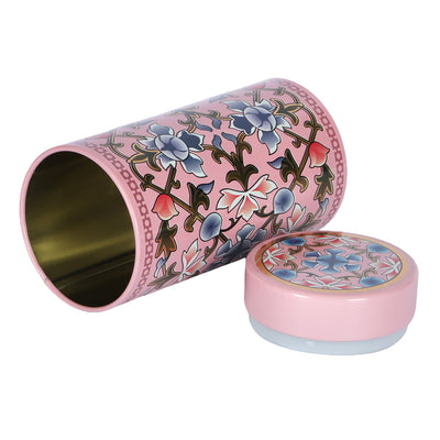 Floral Printed Air Tight Tins for Gift Packging- Dimensions : 2.75*2.75*6 Inches, Material: Steel Tin, Color: Pink, Capacity: up to 355gm .