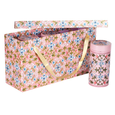 Floral Hamper Box with 3 Printed Tin Jars - Color: Pink Blush &amp; Blue Flowers, Size: 3*4.25*7 Inches, Material: Kappa Board from Nice Packaging.

