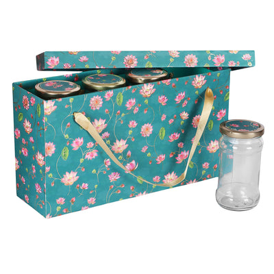 Floral Hamper Box With 4 jam jars - Color: Green, 
Size: 9.5*4*7 Inches, Material: Kappa Board from Nice Packaging.

