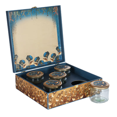 Blue Flora MDF Box With 5 salsa jars - Color: Regal Blue, Size: 12*12*4 Inches, Material: MDF from Nice Packaging.