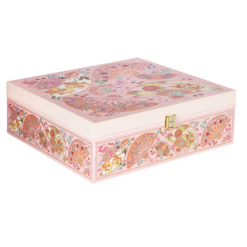 Light Blush Floral Hamper Box With 4  Square Jars & 9 Cavity - Color: Light Blush, Size: 12*12*4 Inches, 
Material: MDF from Nice Packaging.