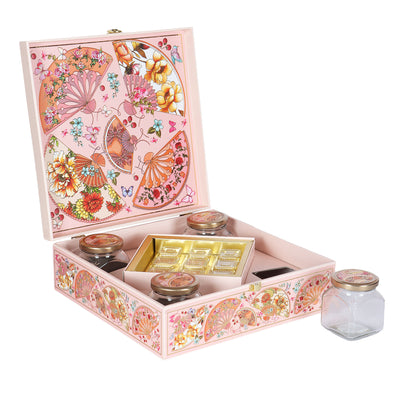 Light Blush Floral Hamper Box With 4  Square Jars & 9 Cavity - Color: Light Blush, Size: 12*12*4 Inches, 
Material: MDF from Nice Packaging.