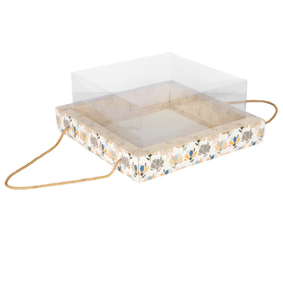 Floral Box with handle & Transparent Buy From Nice Packaging. Dimensions: 12*12*5 Inches, Material: SBS 350 GSM, Color: Cream