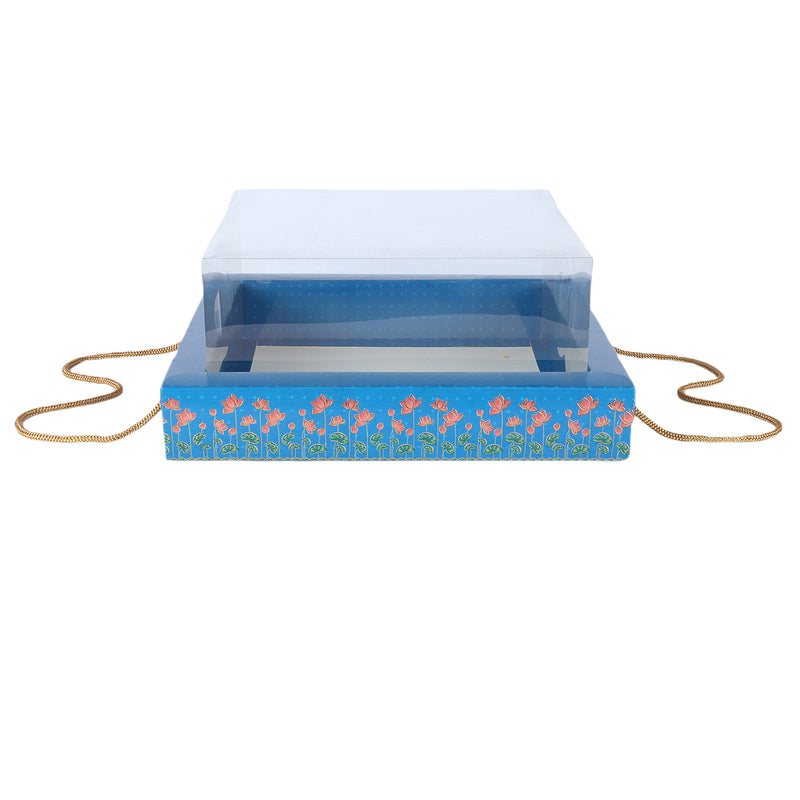 Room Hamper Box with handle & transparent Cover Buy From Nice Packaging. Dimensions: 12*12*5 Inches, Material: SBS 350 GSM/PVC, Color: Blue