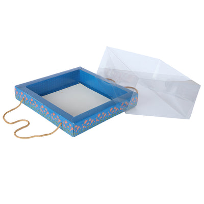 Room Hamper Box with handle & transparent Cover Buy From Nice Packaging. Dimensions: 12*12*5 Inches, Material: SBS 350 GSM/PVC, Color: Blue