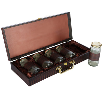 Rectangle Wooden box with 5 laser cut design cylinder jars - Color: Brown, Size: 10*6*2.5 Inches, 
Material: Wooden from Nice Packaging.

