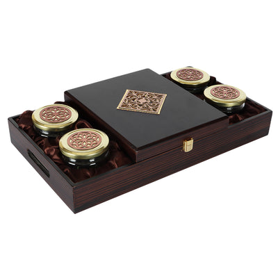 Luxurious Wooden Gift box with 4 laser cut design salsa jars & 20 cavity: Color: Brown, 
Size: 17*10*3.5 Inches, Material: Wooden.