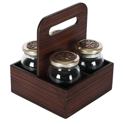 Rotational Wooden Gift Box with 4 laser cut design matki jars: Color: Brown, Size: 6*6*7.5 Inches, Material: Wooden.